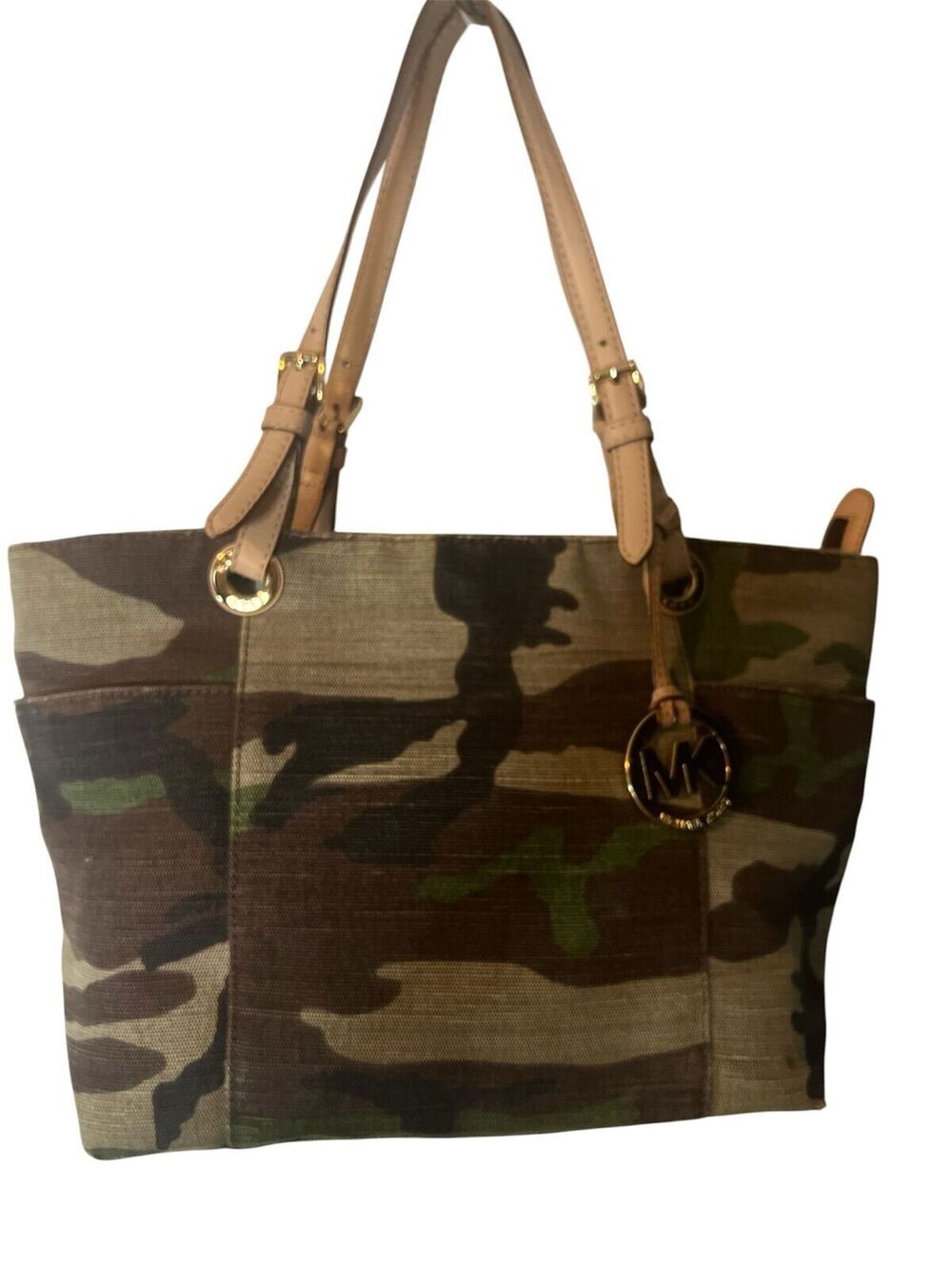 MK102. Michael Kors Camouflage Canvas/Leather Pocket Tote